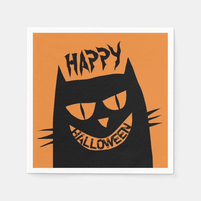 Creepy Halloween Black Cat on Orange Napkins (Front)