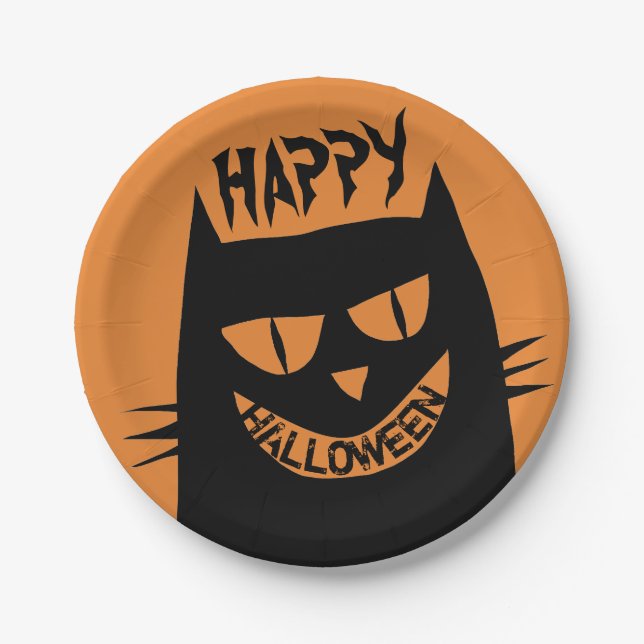 Creepy Halloween Black Cat on Orange Paper Plates (Front)
