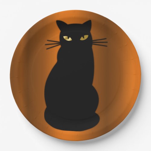 Creepy Halloween Black Cat on Orange Paper Plates