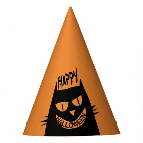 Creepy Halloween Black Cat on Orange Party Hat