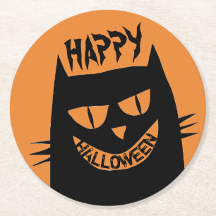 Creepy Halloween Black Cat on Orange Round Paper Coaster