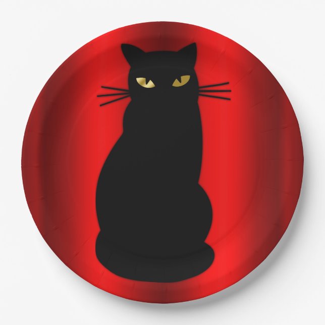 Creepy Halloween Black Cat on Red Paper Plates (Front)