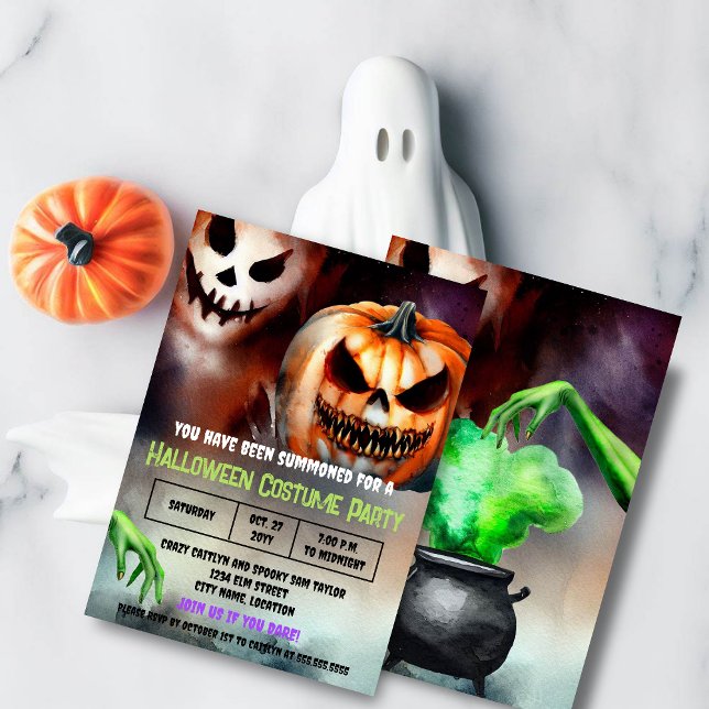 Creepy Halloween Costume Party Invitation (Spooky and scary Halloween invitation with an evil pumpkin, ghost and witch's hand.  BOO!)