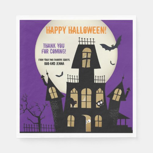Creepy Halloween Haunted House Flying Bats Purple Napkins
