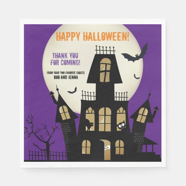 Creepy Halloween Haunted House Flying Bats Purple Napkins (Front)