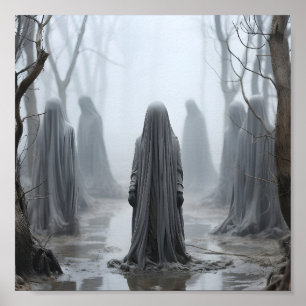 Creepy Halloween Illustration Of White Ghosts Poster
