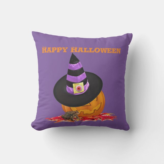 Creepy Halloween Jack O Lantern and Witch Hat l Outdoor Pillow (Front)