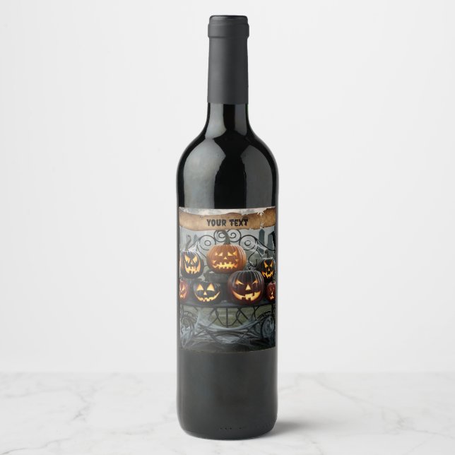 Creepy Halloween Jack-o'-Lanterns with Spiderwebs Wine Label (Front)
