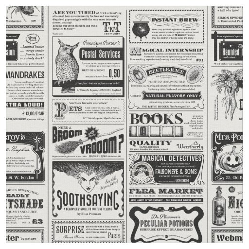 creepy halloween newspaper antique white  fabric