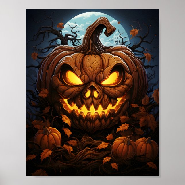 Creepy Halloween Night Orange Jack O Lantern Poster (Front)