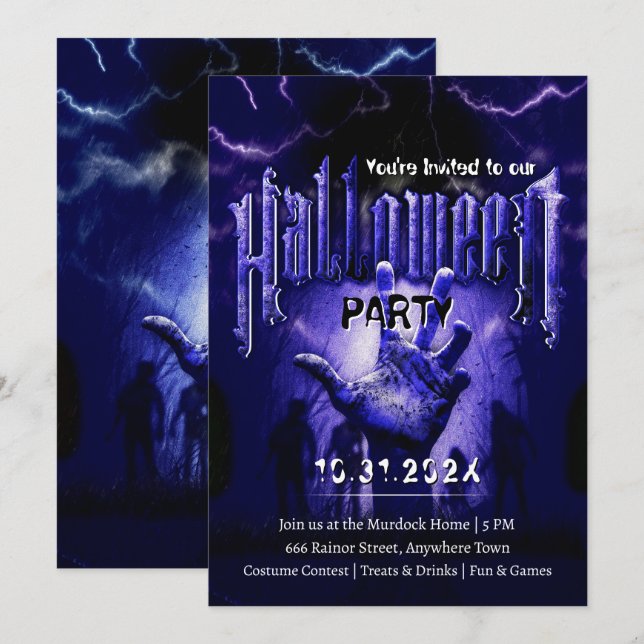 Creepy Halloween Party Zombies Blue Scary Night Invitation (Front/Back)