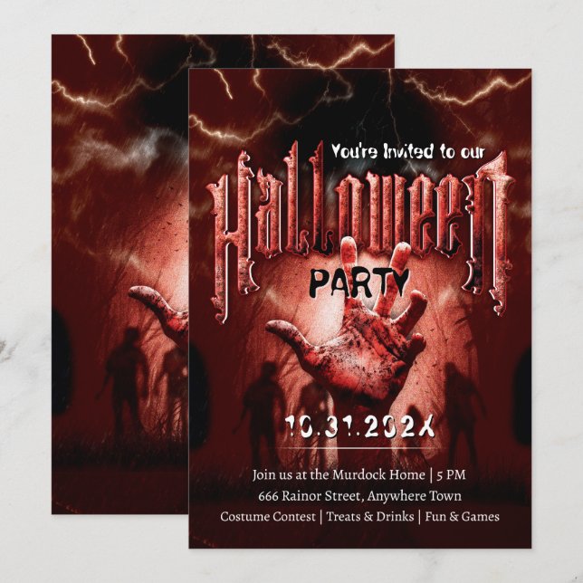 Creepy Halloween Party Zombies Red Scary Night Invitation (Front/Back)