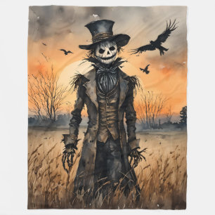 Creepy Halloween Scarecrow with Crows Fleece Blanket