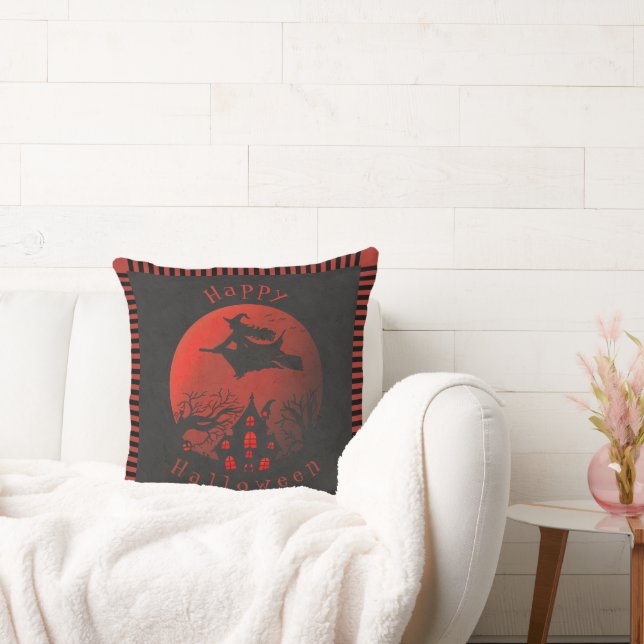 Creepy Halloween Scene Witch & Haunted House Throw Pillow (Couch)