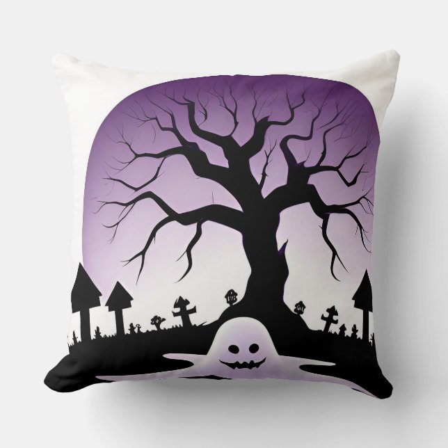 Creepy Halloween Scene With Ghost and Bare Tree Throw Pillow (Front)
