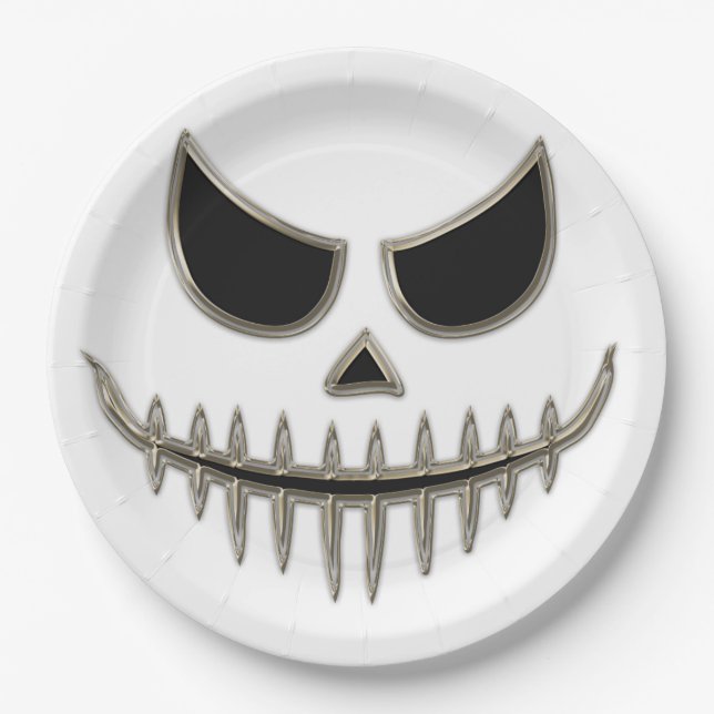 Creepy Halloween Skeleton Face Round Paper Plates (Front)