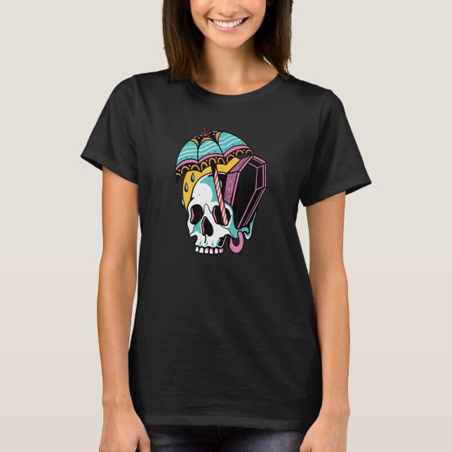 Creepy Halloween Skull Umbrella Coffin Melancholy  T-Shirt (Front)