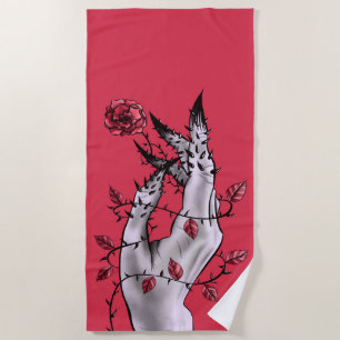 Creepy Hand Rose Thorns Macabre Red Beach Towel