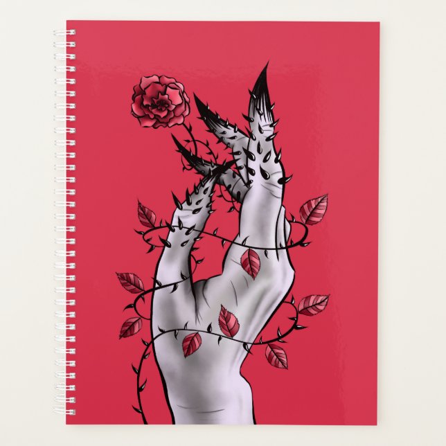 Creepy Hand Rose Thorns Macabre Red Planner (Front)