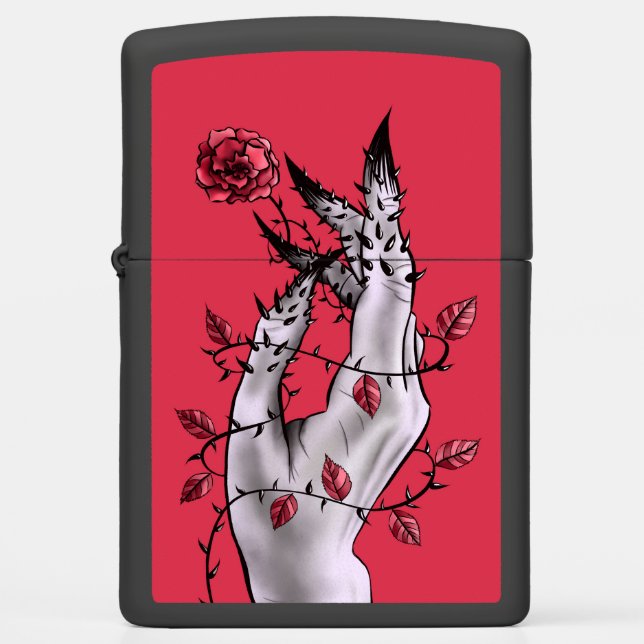 Creepy Hand Rose Thorns Macabre Red Zippo Lighter (Front)