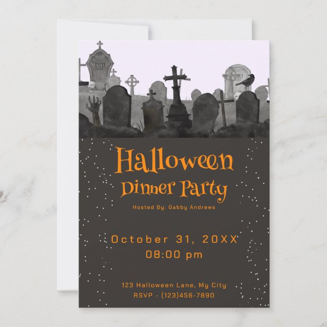 Creepy Haunted Cemetery Halloween Dinner Party Invitation (Front)