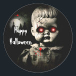 Creepy Haunted Doll Halloween Costume Party Classic Round Sticker<br><div class="desc">customize with any text.</div>