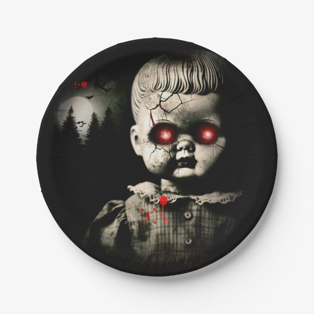 Creepy Haunted Doll Halloween Costume Party Paper Plates (Front)