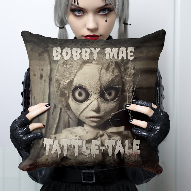 Creepy Haunted Doll - Horror Movie Throw Pillow (Get ready to get creeped-out with this taunting evil doll pillow, ideal for a creepy bedroom corner.)