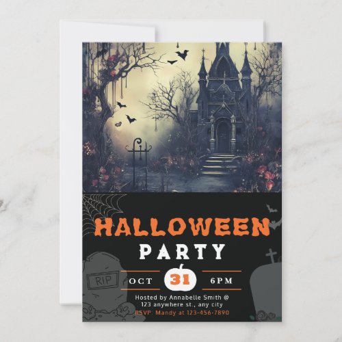 Creepy Haunted House and Bats Black Halloween Invitation