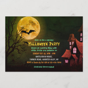 Creepy Haunted House And Bats Graveyard Halloween Invitation