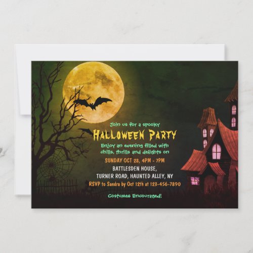 Creepy Haunted House And Bats Graveyard Halloween Invitation