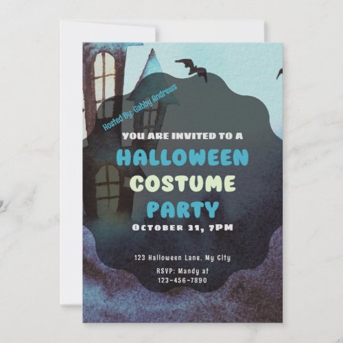 Creepy Haunted House and Bats Halloween Invitation