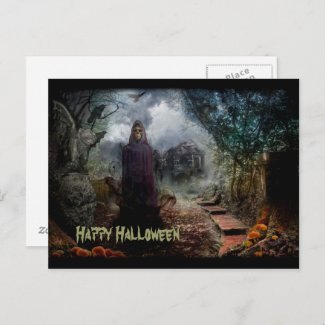 Creepy Haunted House and its Ghost Owner - Macabre Postcard