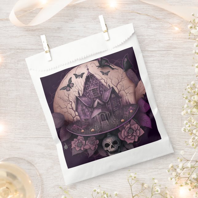 Creepy Haunted House Birds Skull Happy Halloween Favor Bag (Clipped)