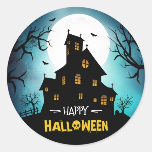 Creepy Haunted House Blue Sky Moon Happy Halloween Classic Round Sticker