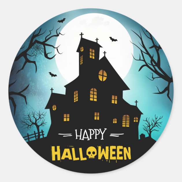 Creepy Haunted House Blue Sky Moon Happy Halloween Classic Round Sticker