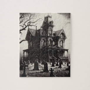 Creepy Haunted House Graveyard Drawing Jigsaw Puzzle
