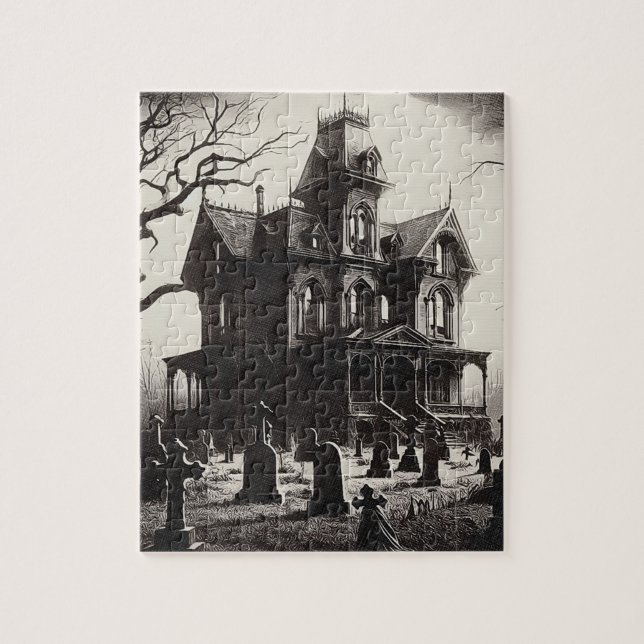 Creepy Haunted House Graveyard Drawing Jigsaw Puzzle (Vertical)