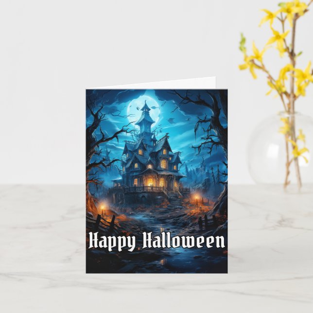 Creepy Haunted House Happy Halloween Card (Yellow Flower)