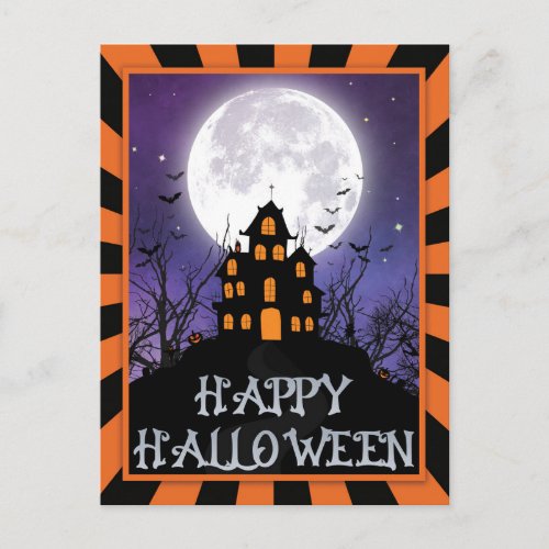 Creepy Haunted House Pumpkins Bats Happy Halloween Postcard