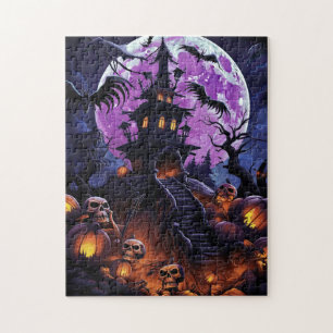 Creepy Haunted House Purple Halloween Party Jigsaw Puzzle