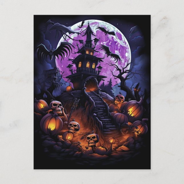 Creepy Haunted House Purple Halloween Party Postcard (Front)
