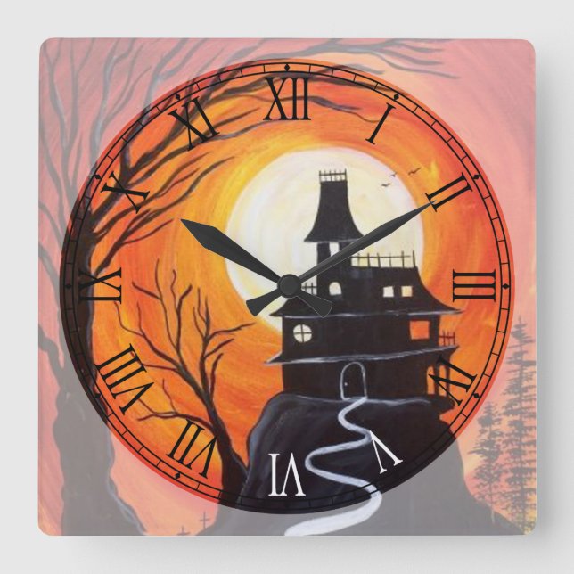 Creepy Haunted House Roman Numeral Square Wall Clock (Front)