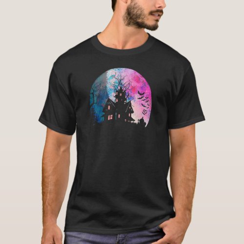 Creepy Haunted House  Spooky Watercolor Full Moon T_Shirt