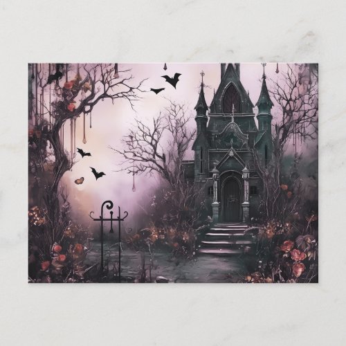 Creepy Haunted House Trees and Bats Halloween Holiday Postcard