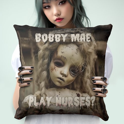 Creepy Haunted Nurse Doll _ Horror Movie Throw Pillow