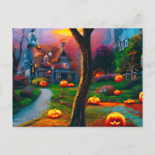 Creepy House with Jack-O' lanterns Halloween Holiday Postcard