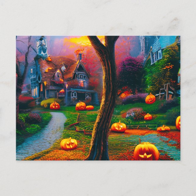 Creepy House with Jack-O' lanterns Halloween Holiday Postcard (Front)