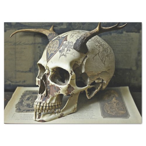 Creepy Human Antlered Skull Decoupage Tissue Paper