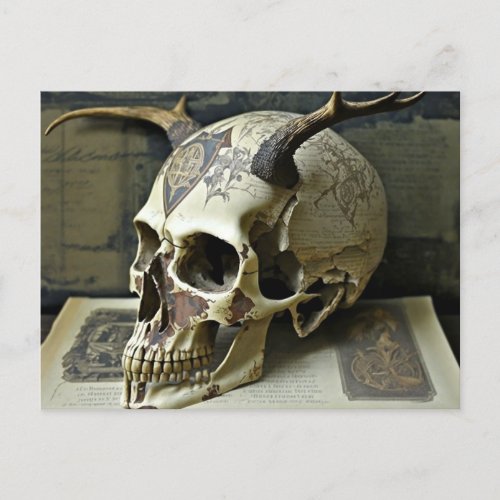 Creepy Human Antlered Skull Postcard